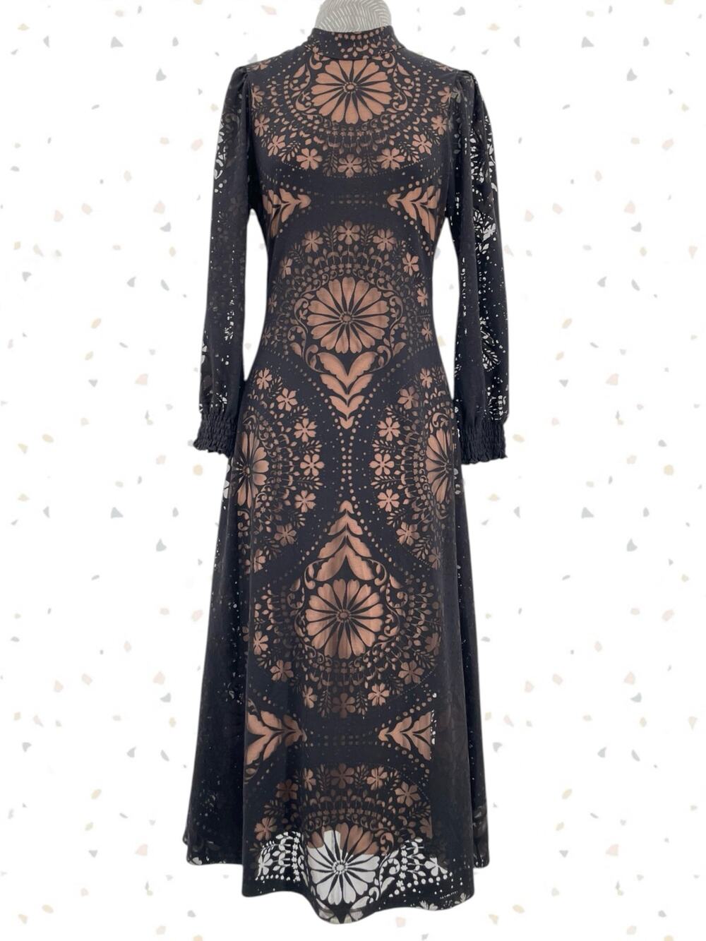 Farm Rio Black Beige Open Back Floral Midi Dress Long Sleeve High Neck Size XSP